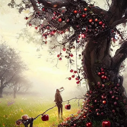 Image similar to a tree with many black colored apples (((leaves))) !!!!!!!black poison apples, painted by rossdraws, greg rutkowski, thomas kindkade