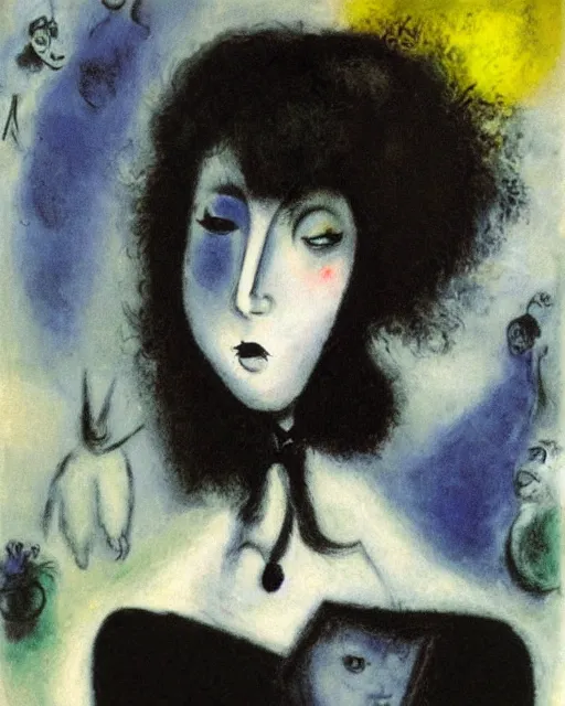 Prompt: A goth portrait painted by Marc Chagall. Her hair is dark brown and cut into a short, messy pixie cut. She has a slightly rounded face, with a pointed chin, large entirely-black eyes, and a small nose. She is wearing a black tank top, a black leather jacket, a black knee-length skirt, a black choker, and black leather boots.