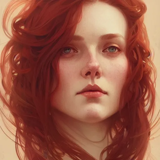 Image similar to A full portrait of Nordic female, 30 years old, brown red long hair, intricate, elegant, highly detailed, digital painting, artstation, concept art, smooth, sharp focus, illustration, art by Krenz Cushart and Artem Demura and alphonse mucha