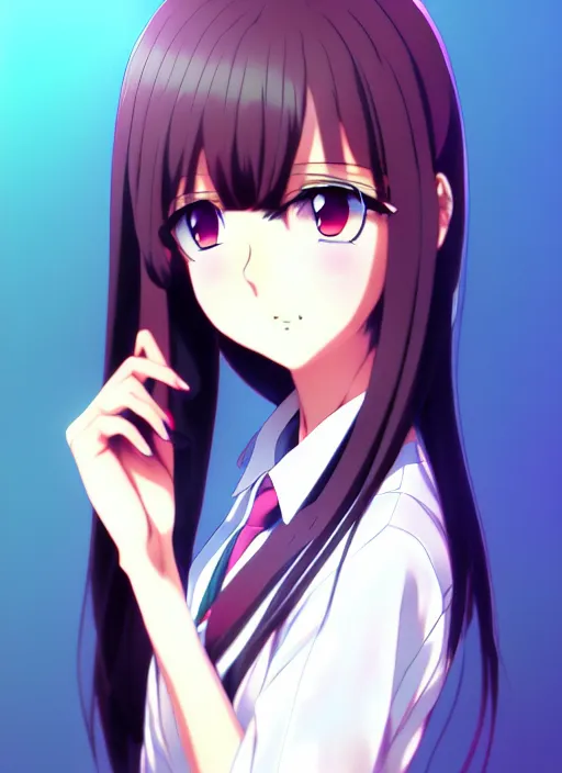 Image similar to anime portrait of a beautiful woman, medium long bob, straight bangs, wearing school uniform, ilya kuvshinov, anime, pixiv top monthly, trending on artstation, cinematic, danbooru, zerochan art, kyoto animation