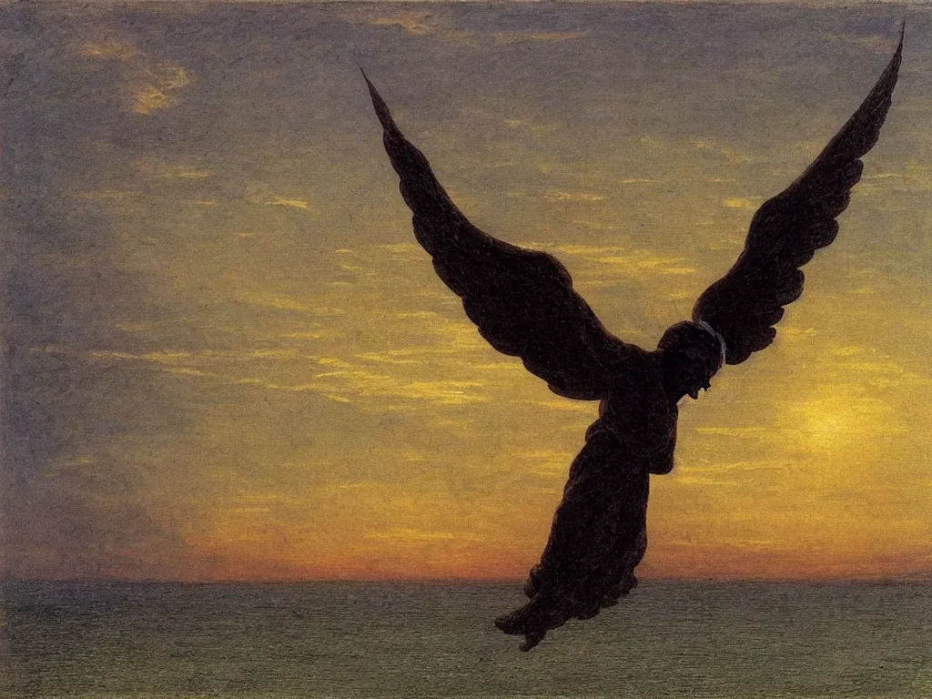 Prompt: dominion angel in the sky flying on the sea painted by caspar david friedrich