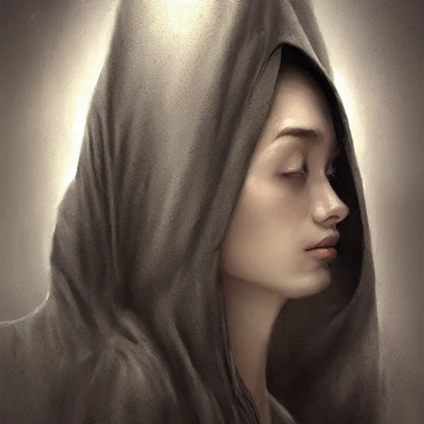 Prompt: Portrait of a young woman wearing a hooded robe, non-centered shot, unique pose, intricate, elegant, highly detailed, digital painting, artstation, concept art, smooth, sharp focus, illustration, art by beksinski