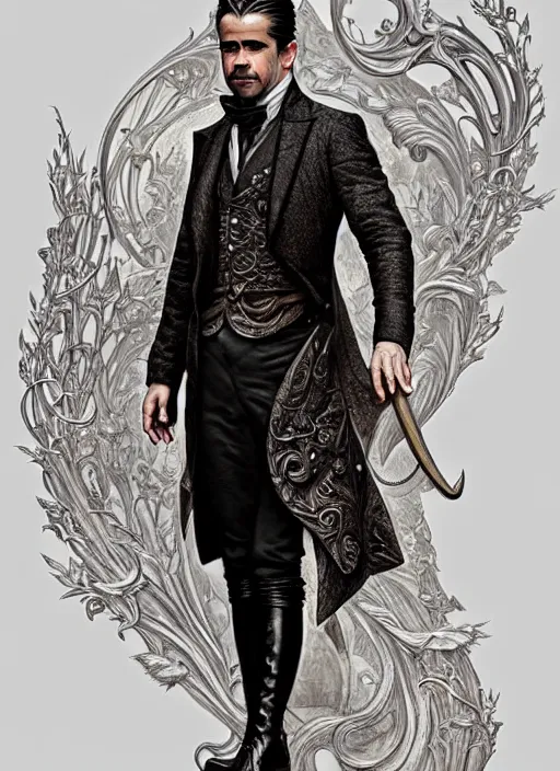 Image similar to colin farrell as a aristocrat wearing shelby boots, detailed face, d & d, wet, shiny, fantasy, intricate, elegant, hyper detailed, ultra definition, photoreal, artstation, unreal engine rendered, concept art, smooth, sharp focus, illustration, art by artgerm and greg rutkowski and alphonse mucha and garis edelweiss