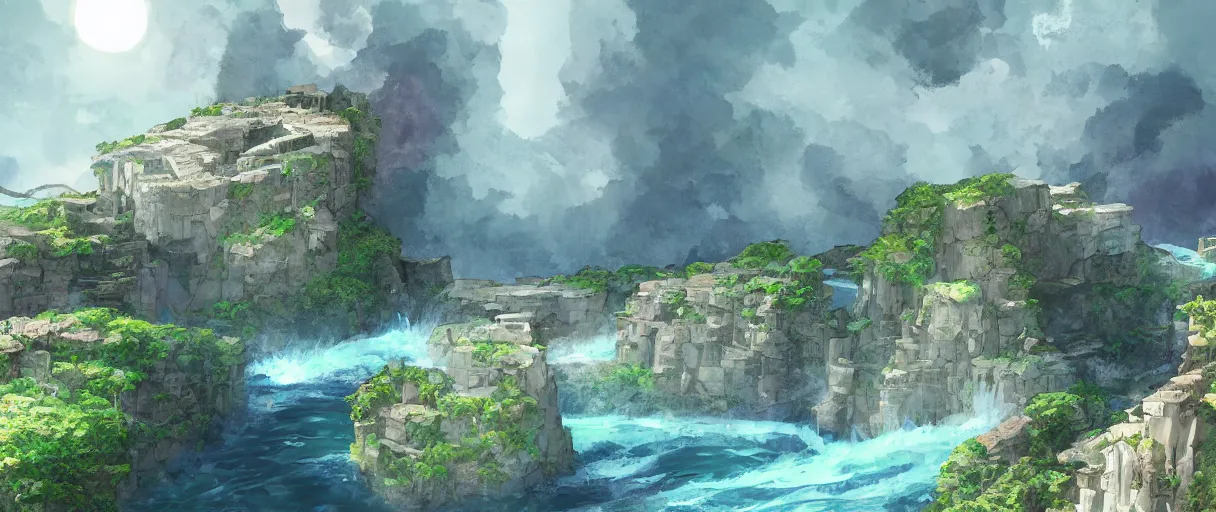 Image similar to a small crumbling island in space with waterfalls, studio ghibli, digital art, detailed, depth of field