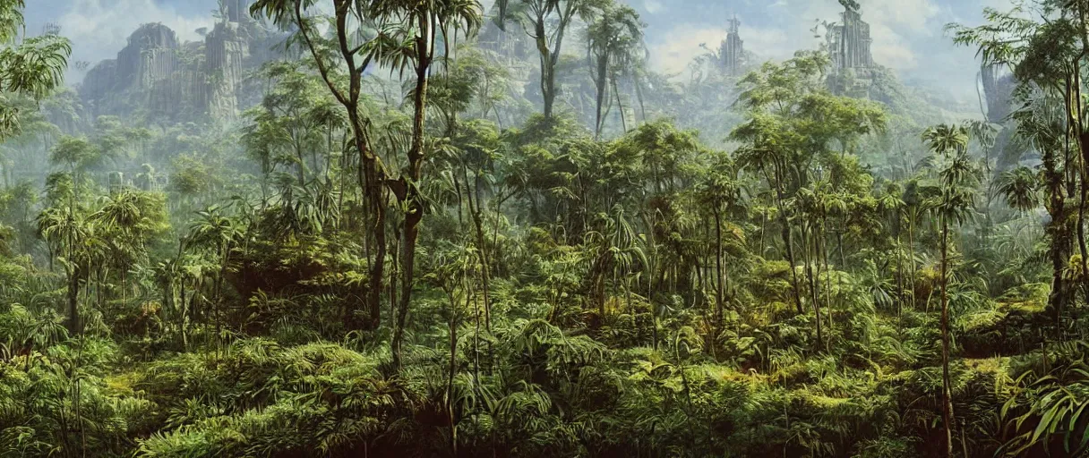 Prompt: matte painting of lost city overgrown with plants, vincent di fate, masterpiece,