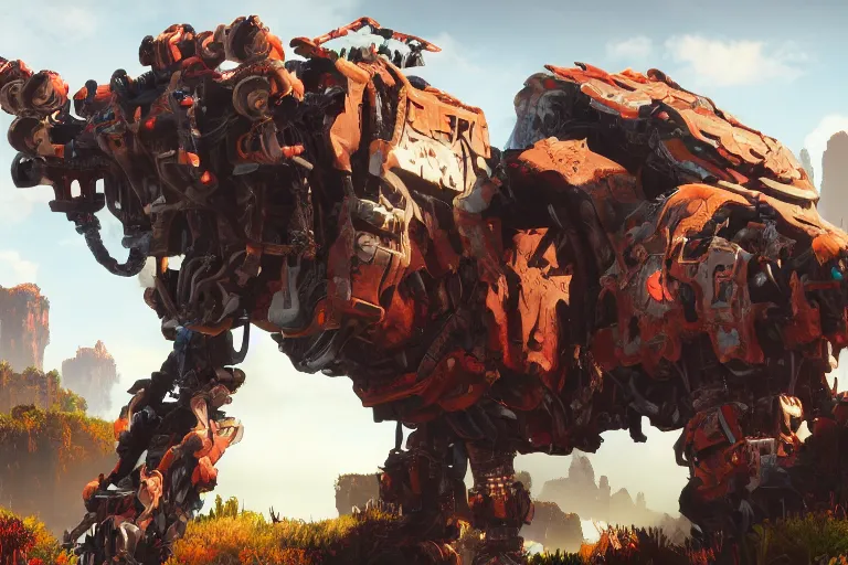 Image similar to behemoth machine mecanical creature robot of horizon forbidden west horizon zero dawn bioluminiscence global illumination ray tracing hdr fanart arstation by sung choi and eric pfeiffer and gabriel garza and casper konefal