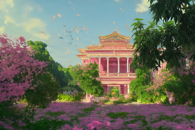 Image similar to green weed grow house, rococo style, greek architecture, pink marble building, marijuana trees, sakura season weed leaves dynamic lighting, landscape, artwork by jeremy lipkin and giuseppe dangelico pino and michael garmash and rob rey and greg manchess and huang guangjian and makoto shinkai, pixiv, 1 0 0 mm