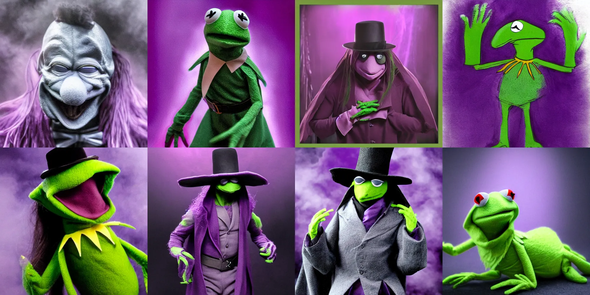 Prompt: Kermit dressed as The Undertaker, detailed, hyper realistic, purple fog, atmospheric