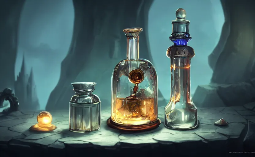 Image similar to a magic potion bottle on an alchemists table, dynamic lighting, ambient lighting, atmospherical, photorealistic fantasy concept art, trending on art station, stunning visuals, creative, cinematic, ultra detailed