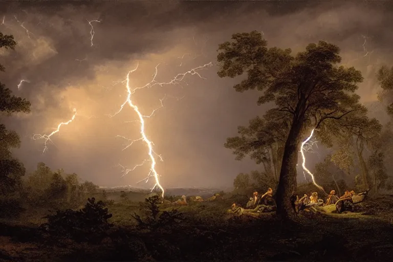 Image similar to Benjamin Franklin being struck by a lightning, in the woods, at night, thunderstorm, XVIII century, ultra detailed, wide angle lens, matte painting, cinematic composition, hyper realistic, highly detailed, concept art, low key lighting, high dynamic range, depth of field, moment cinebloom filter, cinematic color grade