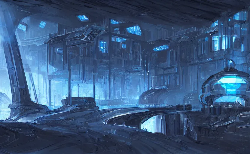 Image similar to futuristic factory in a dark cave, blue crystals, halo, star craft, concept art, mate painting, artstation