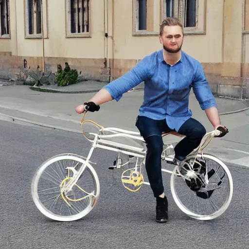 Image similar to matthias dandois wearing a flat bible shirt and riding a tiny bicycle portrait detailed