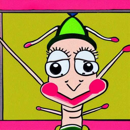 Image similar to light pink mosquito with a long pointy red nose, a green mohawk and green eyebrows wearing a yellow and orange striped t - shirt, cartoon