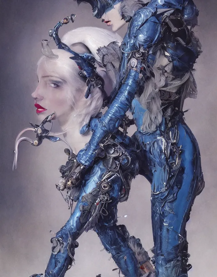 Image similar to a fashion editorial of a feathered blue female alien is trying on a tactical suit and has many body modifications. by tom bagshaw, donato giancola, hans holbein, walton ford, gaston bussiere, brian froud, peter mohrbacher and magali villeneuve. 8 k, fashion editorial, cgsociety