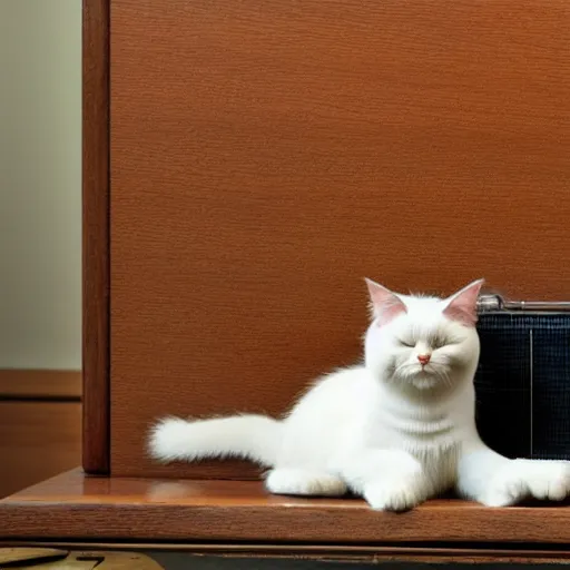 Image similar to ragdoll cat sleeping on a mid - century radio, soft cinematic lighting, realistic photograph,