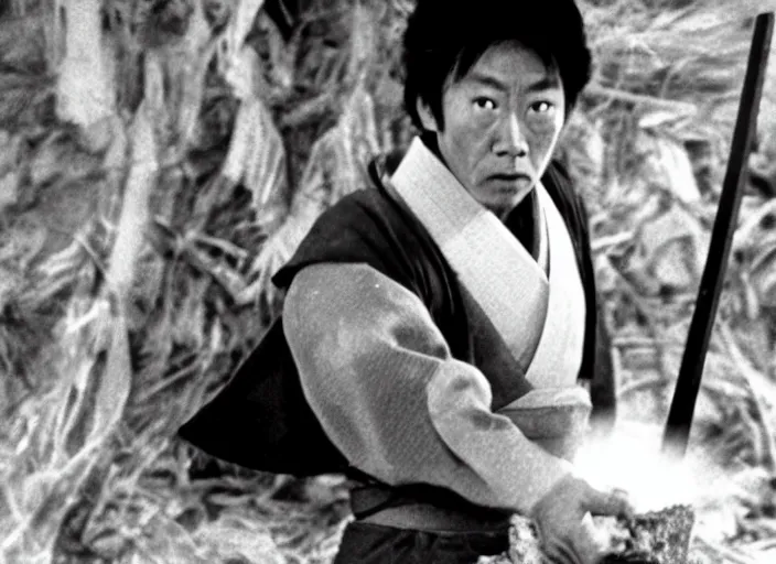 Image similar to a movie still of a samurai slicing through a loaf of bread by Akira Kurosawa