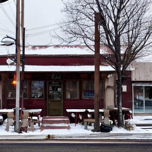 Prompt: a run down restaurant on a snowy street in the american rust belt, sharp, detailed