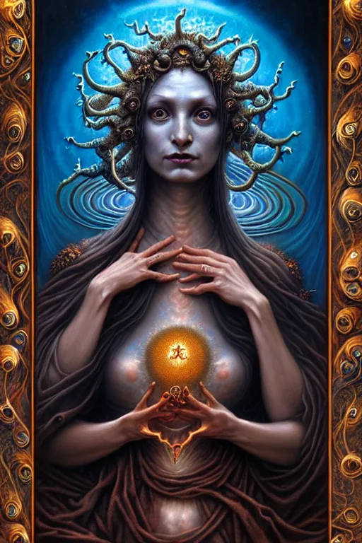 Image similar to A beautiful detailed goddess woman with 6 arms super dark tarot card, by tomasz alen kopera and Justin Gerard, 4 eyes, beautiful symmetrical features, ominous, magical realism, texture, intricate, ornate, royally decorated, melting, whirling smoke, embers, blue adornements, blue torn fabric, radiant colors, fantasy, trending on artstation, volumetric lighting, micro details, 3d sculpture, ray tracing, 8k, anaglyph effect