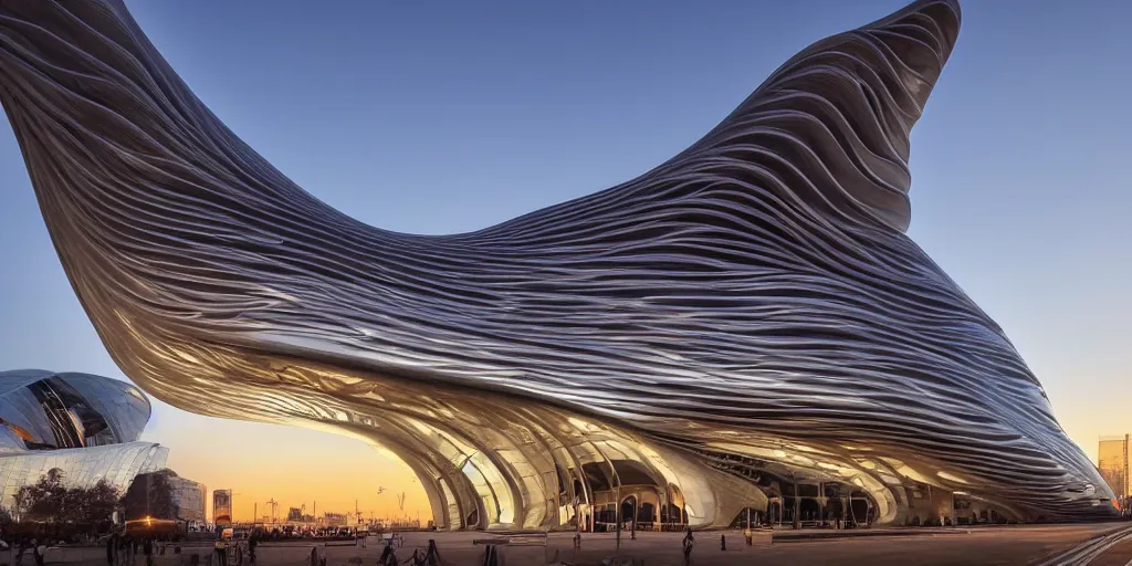 Prompt: extremely detailed ornate stunning sophisticated beautiful elegant futuristic museum exterior by Zaha Hadid, Milan buildings in the background, smooth curvilinear design, stunning volumetric light, stainless steal, concrete, translucent material, beautiful sunset, tail lights