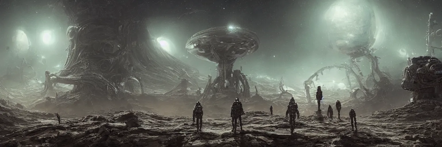 Image similar to a highly detailed digital realistic photo of aliens looking at the seventh planet from space, universe, invasion time on planet earth, digital art, cinematic, satellite imagery, 8 k, super - resolution, by h. r. giger, by ismail inceoglu, by karol bak, unreal engine