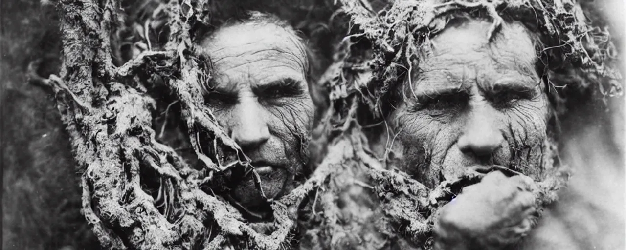 Image similar to 1920s portrait photography of alpine old farmer transforming into a monster, roots growing out of his face