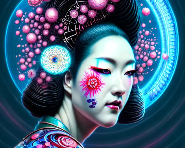 Image similar to a headshot of a geisha offset in the frame, surrounded by fractals, mandalas, cherry blossoms, hadron collider technology, metal gears, swirling bioluminescent energy, art by peter mohrbacher and dan mumford, 8 k octane render, hyperrealistic, zbrush, cinema 4 d