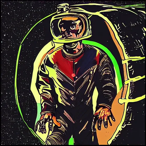 Image similar to “ portrait of a genetically modified chimp in a 1 9 5 0's space suit and leather jacket. he can project a bubble of oxygen that covers his head. he is flying through open space into a portal to another dimension. in the style of frank miller. ”