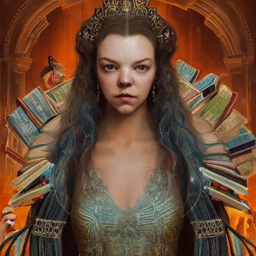 Image similar to a portrait of a older anya taylor - joy as the goddess minerva surrounded by stacks of books, bioluminescent gown with deep level of detail of esoteric symbols, urban motifs, intricate, elegant, highly detailed, digital painting, trending on artstation, concept art, smooth sharp focus, illustration, art by artgerm and greg rutkowski