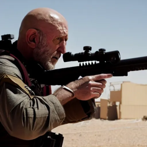 Image similar to Film still of Mike Ehrmantraut in American Sniper aiming with a sniper rifle, 4k, highly detailed