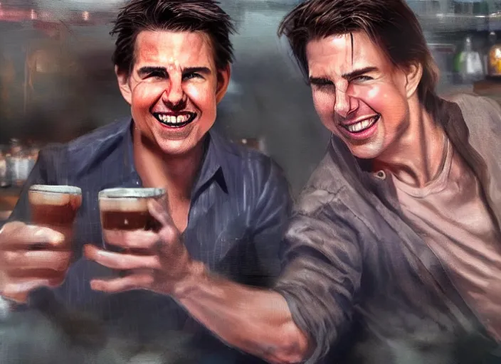 Image similar to hyper realistic tom cruise hanging out with tom cruise at a bar, all overly excited, jaw unhinged with laughter and smiling, all teeth, by greg rutkowski, 4 k, 8 k, masterpiece