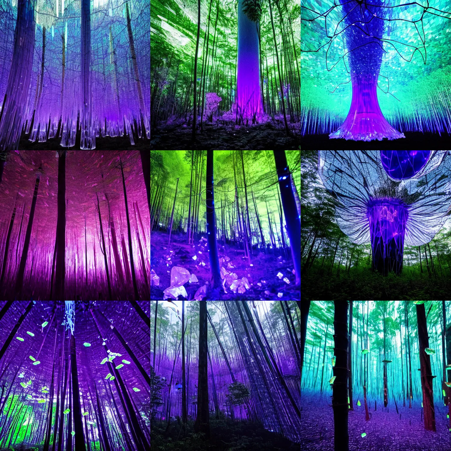 Prompt: photo from a documentary of a forest made of opalescent trees swarming with neon fireflies, a giant crystal tower covered in translucent black and purple obsidian shards pierces the sky, near the peak strange animals float with inflated air Sacks surveying the forest for prey