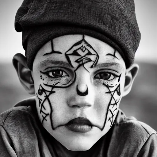 Image similar to a detailed portrait of a boy with a face tattoo in the desert, fantasy art illustration, incredibly highly detailed and realistic, 8 k, sharp focus