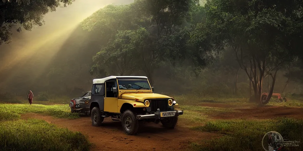 Image similar to kerala village countryside, beautiful dynamic lighting, mahindra thar on the road, cinematic, wide angle establishing shot, extremely high detail, photo realistic, cinematic lighting, post processed, concept art, artstation, matte painting, style by eddie mendoza, raphael lacoste, alex ross, volumetric lighting, light rays, photorealistic, ultrarealistic, moody, coronarender, 8k