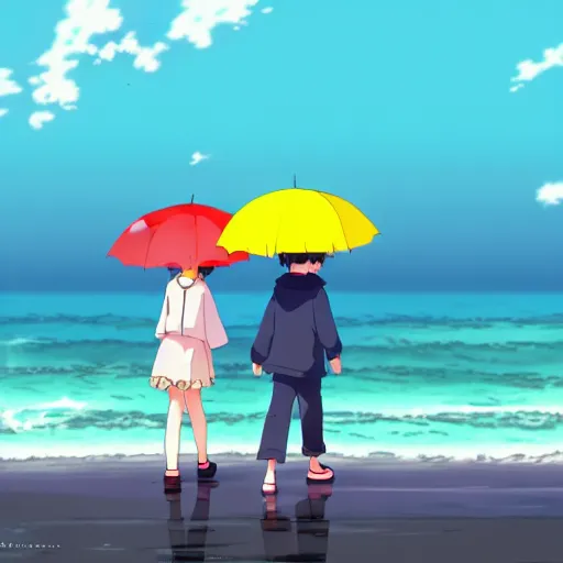 Image similar to anime girl and boy walking together on the Beach, Rain, umbrella, by makoto shinkai, Studio Ghibli, anime wallpaper, flat colors