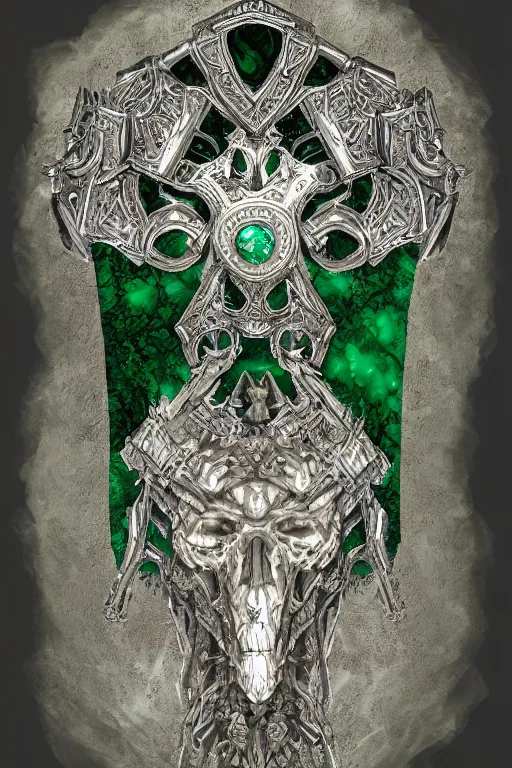 Prompt: an ancient white bone and emerald gemstone relic, intricate engraving, concept art style