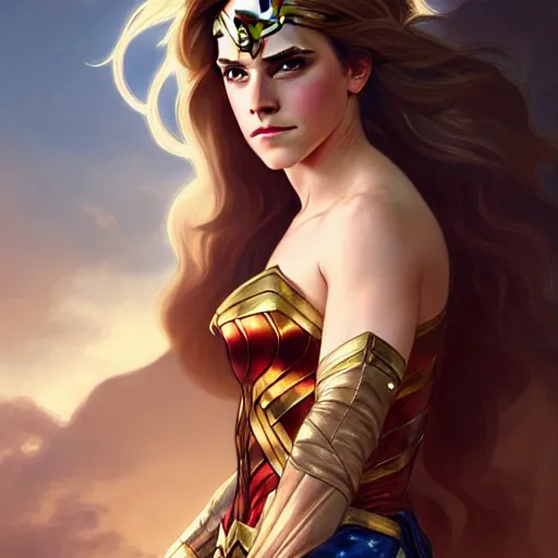 Image similar to Blonde Emma Watson as Wonder Woman, western, D&D, fantasy, intricate, elegant, highly detailed, digital painting, artstation, concept art, matte, sharp focus, illustration, art by Artgerm and Greg Rutkowski and Alphonse Mucha