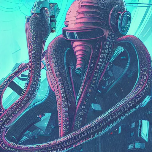 Image similar to cyberpunk Octopus, Industrial Scifi, detailed illustration, techwear, character portrait, by Martin Grip and Moebius