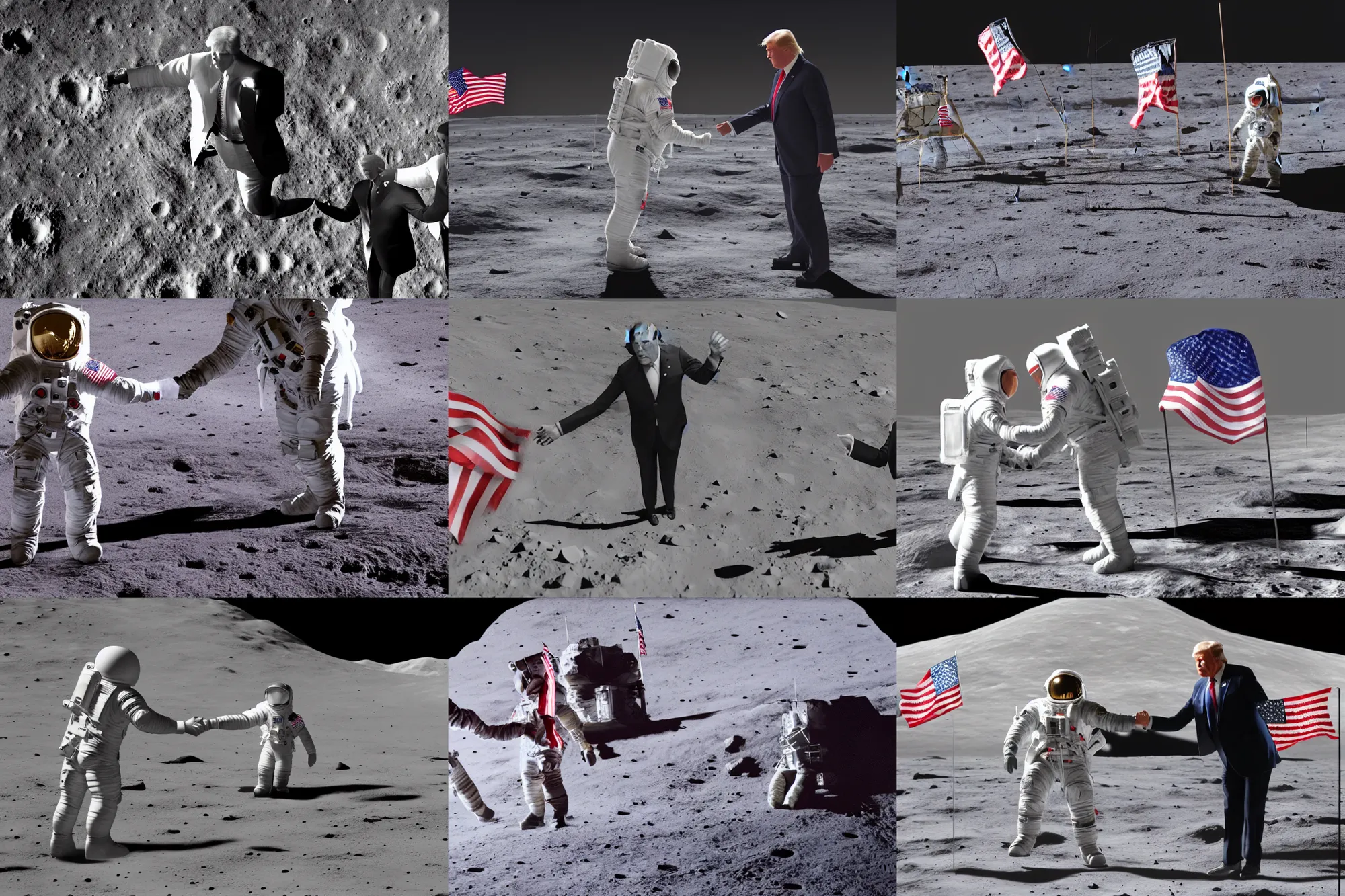 Prompt: hyperrealistic cinematic portrait donald trump shaking hands with joe biden on the moon, highly detailed maya render, volumetric lighting, 8 k, artstation