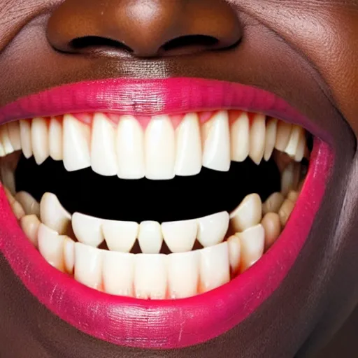 Image similar to A close-up of a smile, with the teeth and gums painted in bright colours.