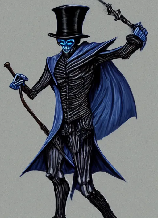 Image similar to DND character art, skeletal male figure, wearing a deep black suit!!! and tie and top hat, holding a gold! cane!, blue flames in background, blue flames