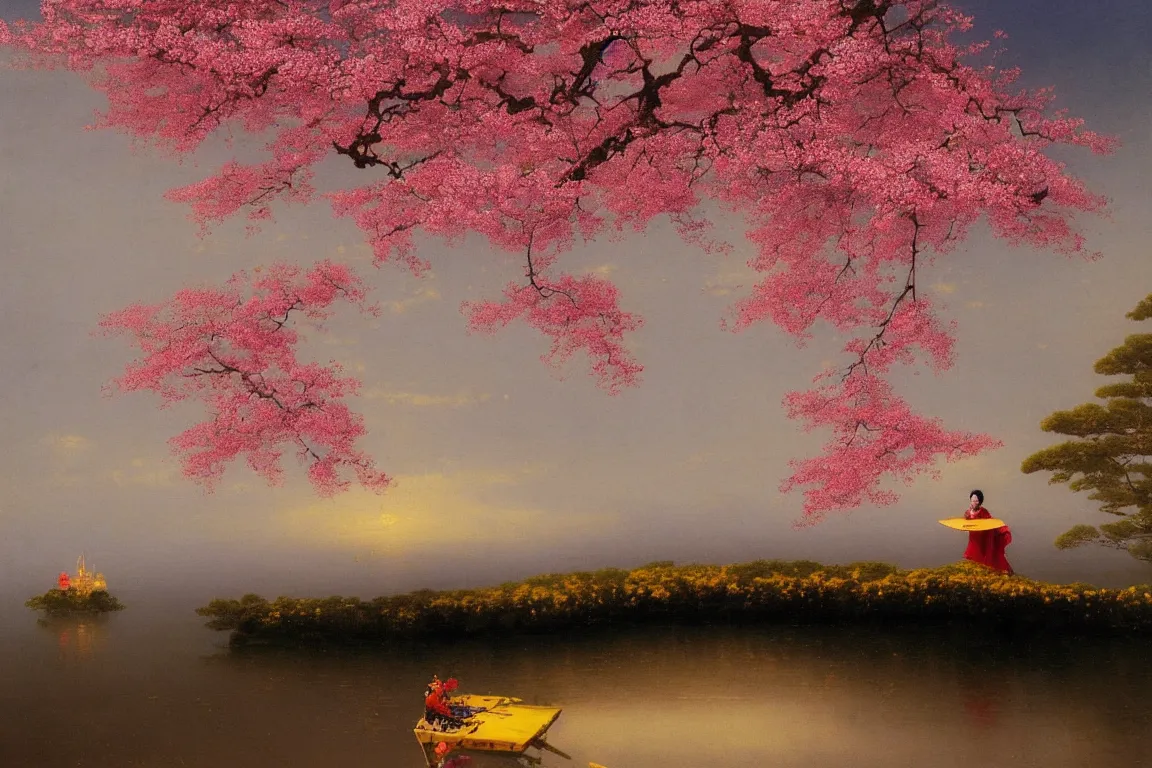 Prompt: A beautiful painting of 湖を見下ろす桜, a robot drinking wine and cherry blossoms by a blood red lake in a japanese garden beneath a yellow sky by Ivan Aivazovsky and Caspar David Friedrich, Trending on artstation