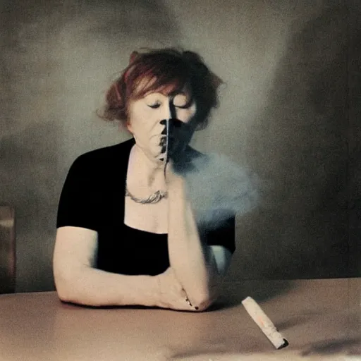Prompt: overpainted photography portrait of a woman smoking a cigarette at a table by gerhard richter and cindy sherman, dim light, black and white