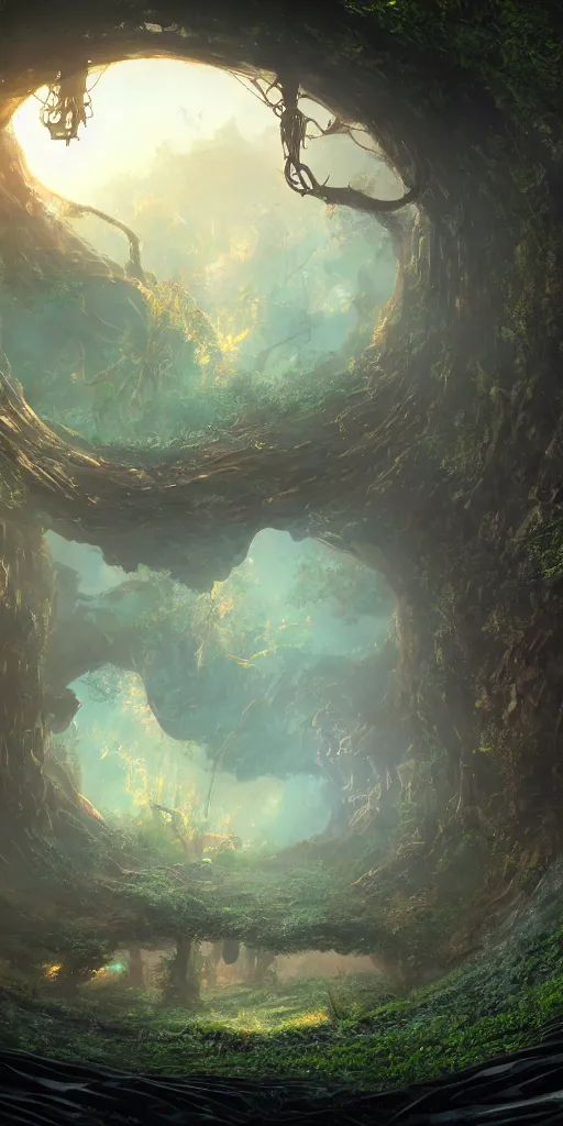 Image similar to humongous techno - tree portal on a big steampunk planet, spooky, art by pixar, smooth, beautiful art, masterpiece, artistic landscape, cinematic, wet reflections, ray tracing x, rtx, smooth