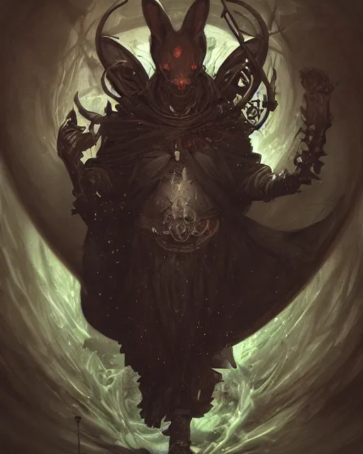 Image similar to Anthropomorphized black rabbit monk, portrait, Path of Exile, Diablo, Warhammer, digital painting, highly detailed, concept art, Nekro, Peter Mohrbacher, Alphonse Mucha, Brian Froud, Yoshitaka Amano, Kim Keever, Victo Ngai, James Jean