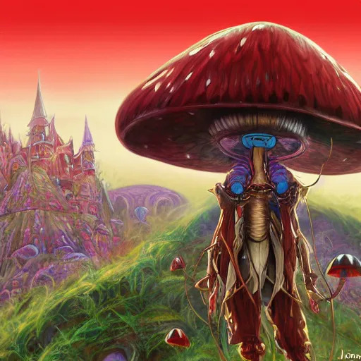 Image similar to anime 4 k headshot portrait of a psychedelic demonic anthropomorphic insect knight with mushroom themed clothes, magic mushroom village in background by jeff easley, award winning, stylized neon, post - processing, masterpiece, superb resolution. in the art style of junji ito and greg rutkowski. detailed mushroom city in background. hyper realistic anime. perfect art. dalle 2