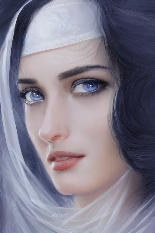 Prompt: Ameera al-Taweel, blue eyes, long wavy black hair, white veil, closeup, focus face, elegant, highly detailed, centered, digital painting, artstation, concept art