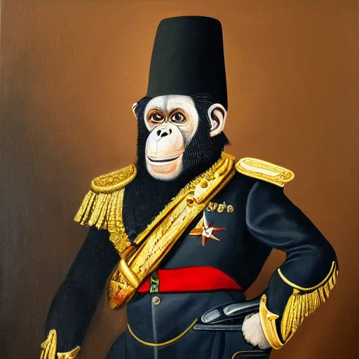 Image similar to An exquisite modern painting of a chimpanzee dressed like a bearded Napoleon with correct military uniform, no frames