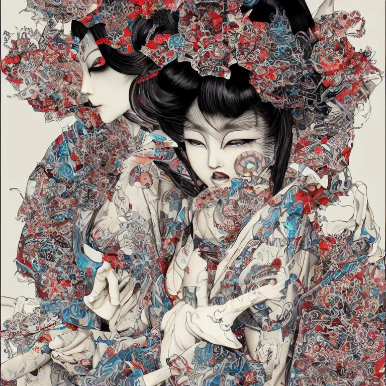 Image similar to disconfigured geisha, dark art by james jean, conjuring psychedelic part by shintaro kago, part by ross tran, part by ariduka 5 5, ultra realistic, high definition, 3 d render, masterpiece