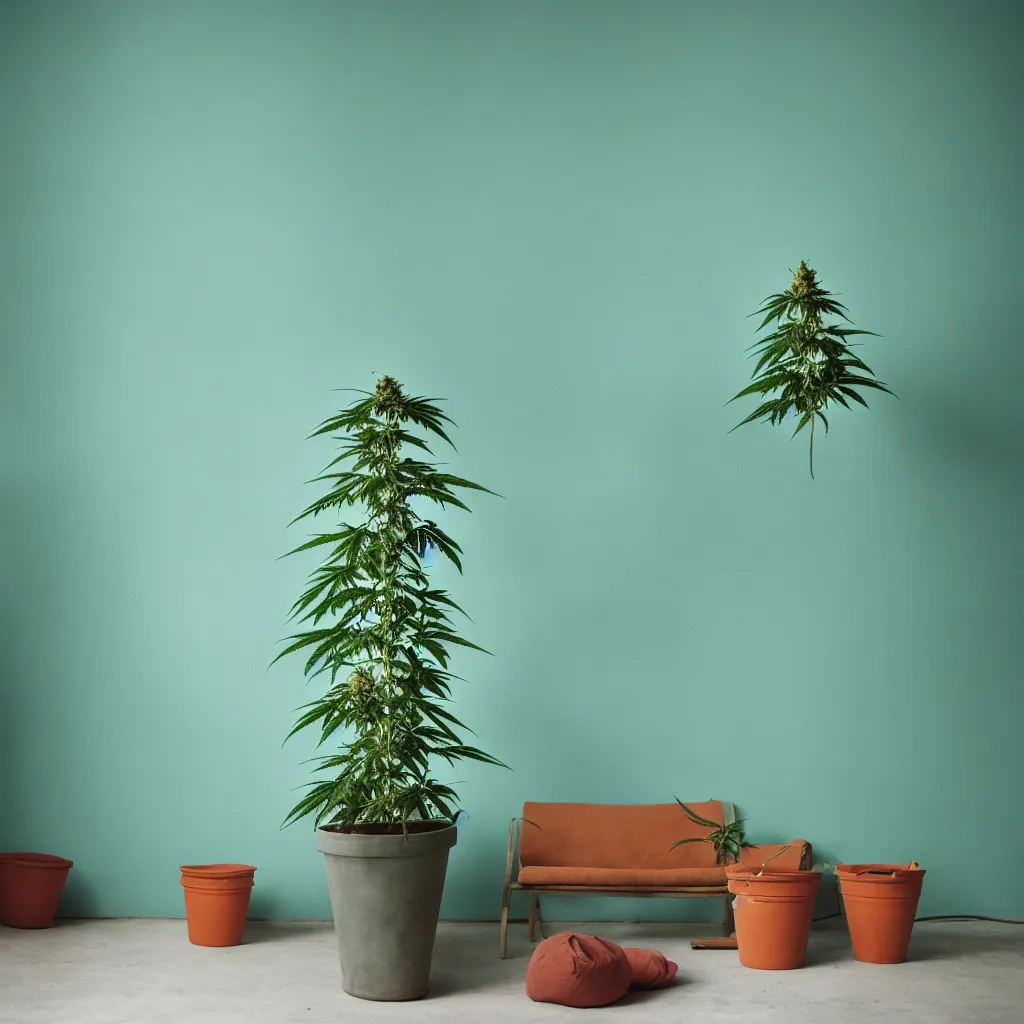 Prompt: large single cannabis plant in a pot grows to the ceiling, kodak portra 4 0 0, 8 k, shot of a highly detailed, britt marling style, colour still - life portrait of a large minimalistic room, rough concrete walls, a single rough carved wooden teal, with comfortable beanbags, muted colours