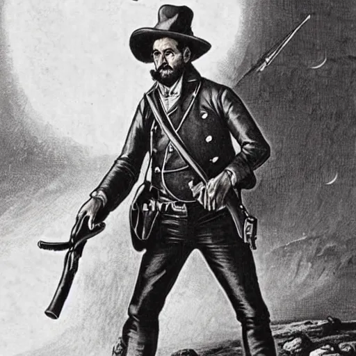 Prompt: 19th century scruffy american holding a musket, on mars, pulp science fiction illustration